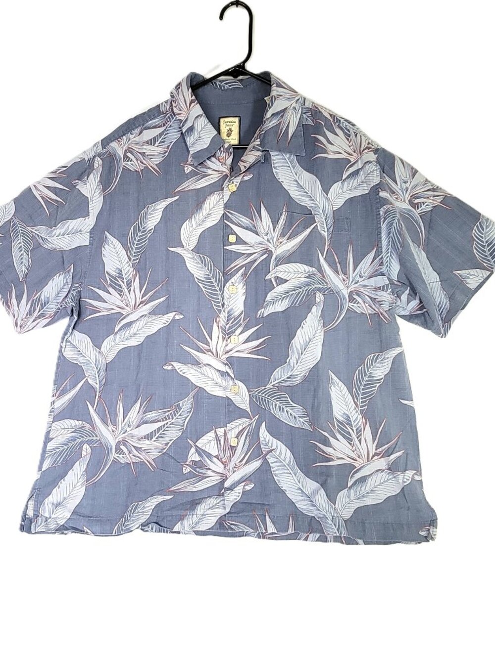 Jamaica Jaxx 100% Silk Shirt Men's XL Bird of Paradise Floral Hawaiian Blue Grey